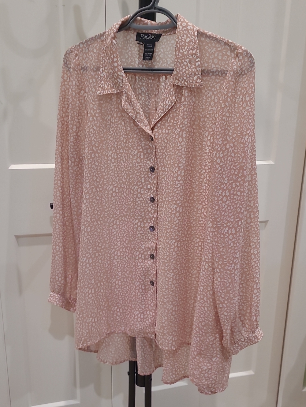 Papillon Blanc Blush Pink Sheer Animal-Print Button Down Top